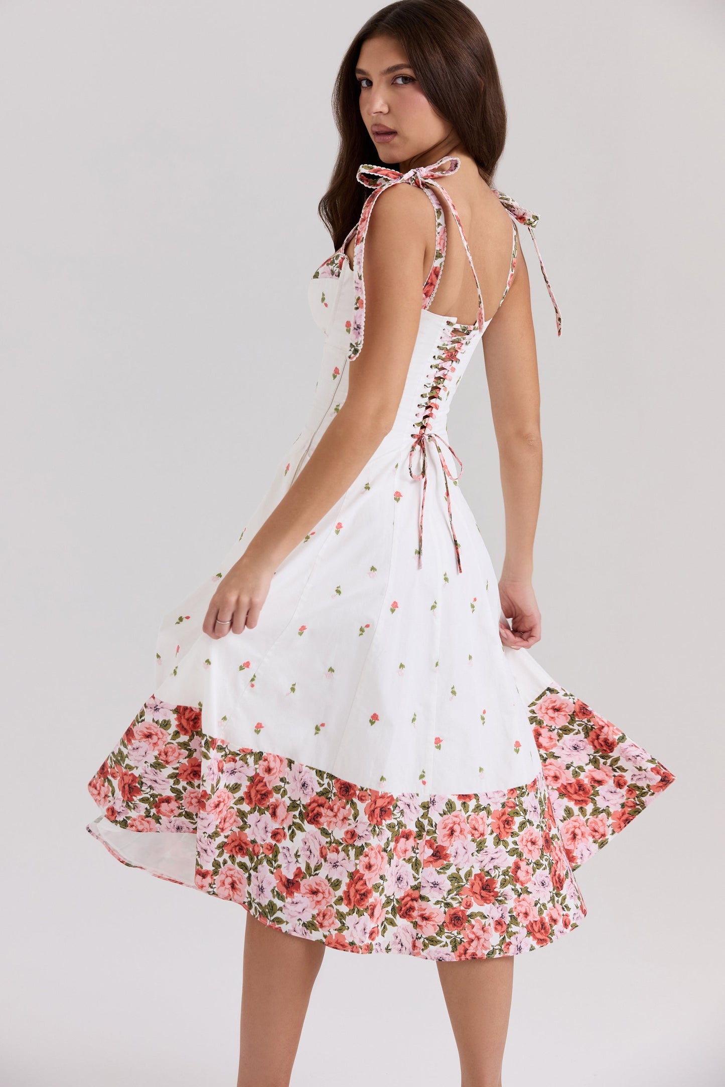 white floral print stretch cotton midi sundress