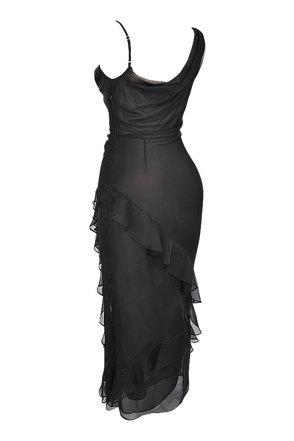 black ruffle maxi dress