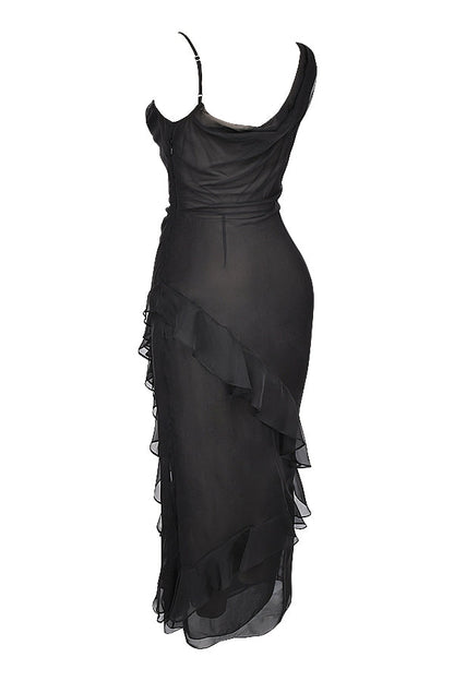 black ruffle maxi dress
