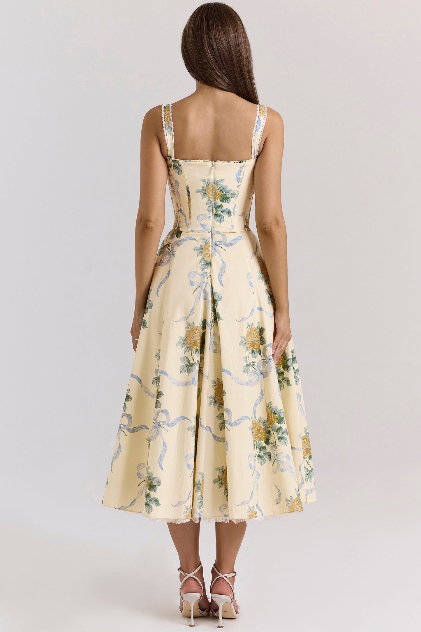 lemon vintage ribbon print cotton midi dress