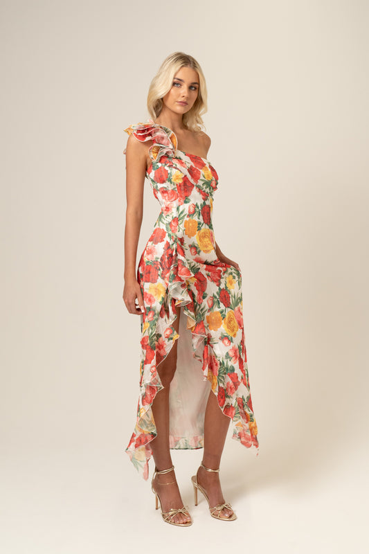 Saskia One-Shoulder Ruffle Dress - Floral Print