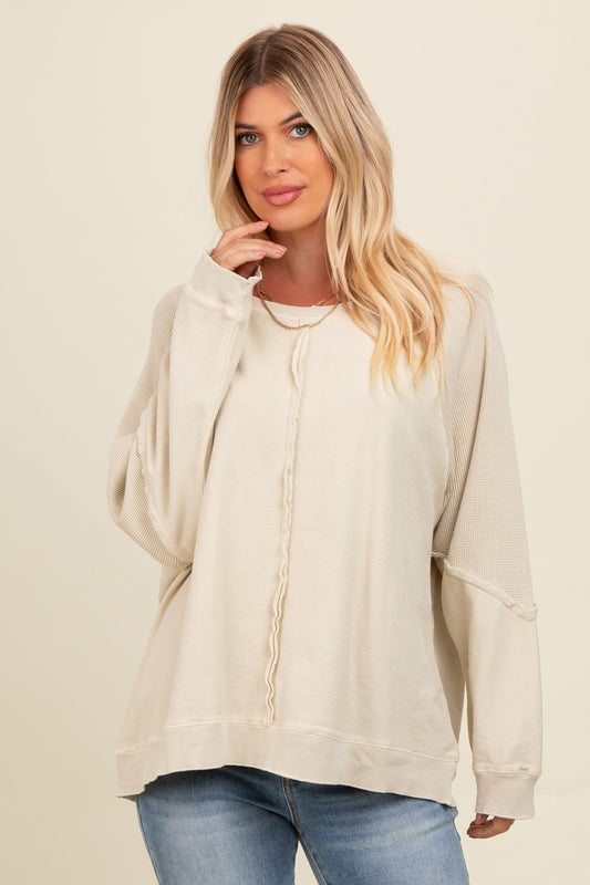 Beige Mixed Knit Raw Hem Pullover Top