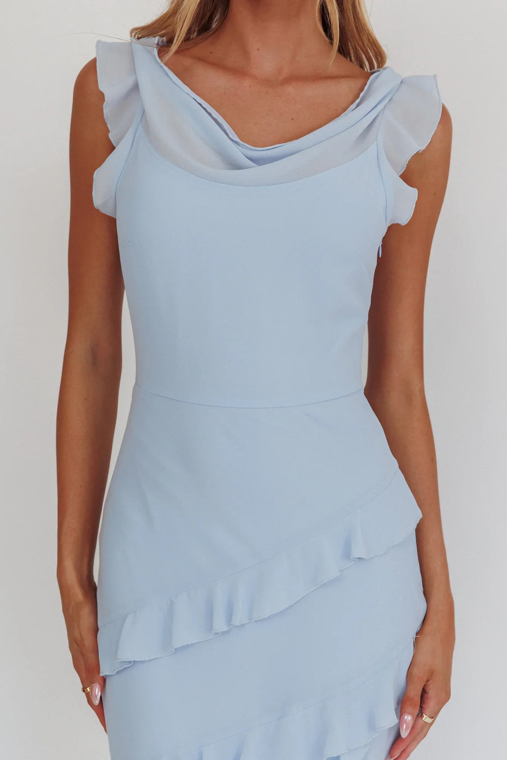 Sangria Cowl Neck Frill Maxi Dress Blue