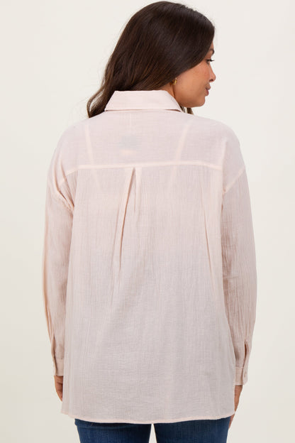 Beige Cotton Gauze Oversized Maternity Button Down Shirt