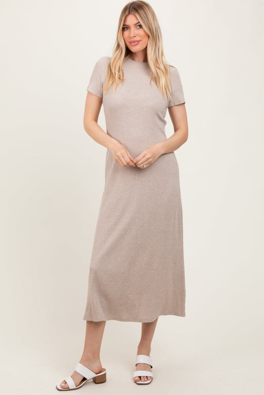 Beige Ribbed Short Sleeve Midi Dress