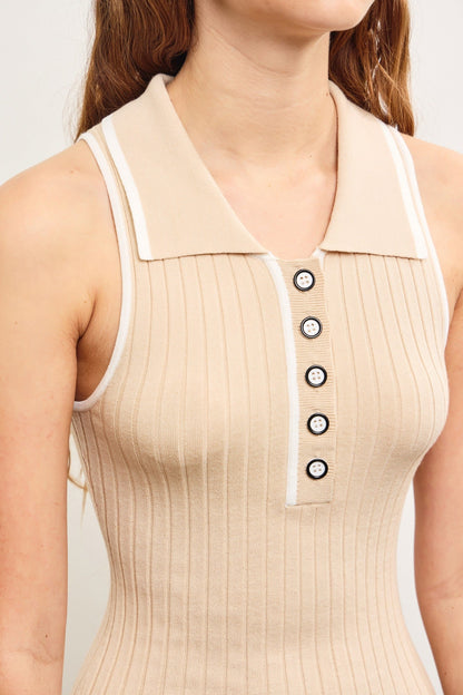 Beige Knit Colorblock Stripe Sleeveless Polo Dress