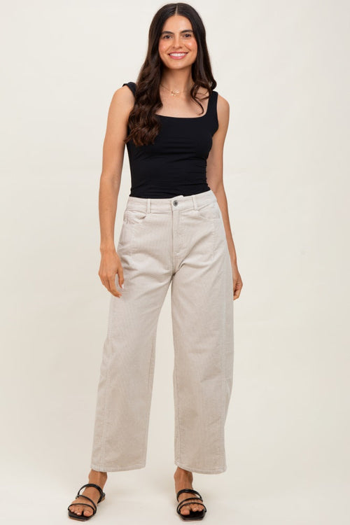 Beige Corduroy Wide Leg Pants