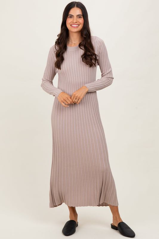 Beige Ribbed Long Sleeve Sweater Midi Dress