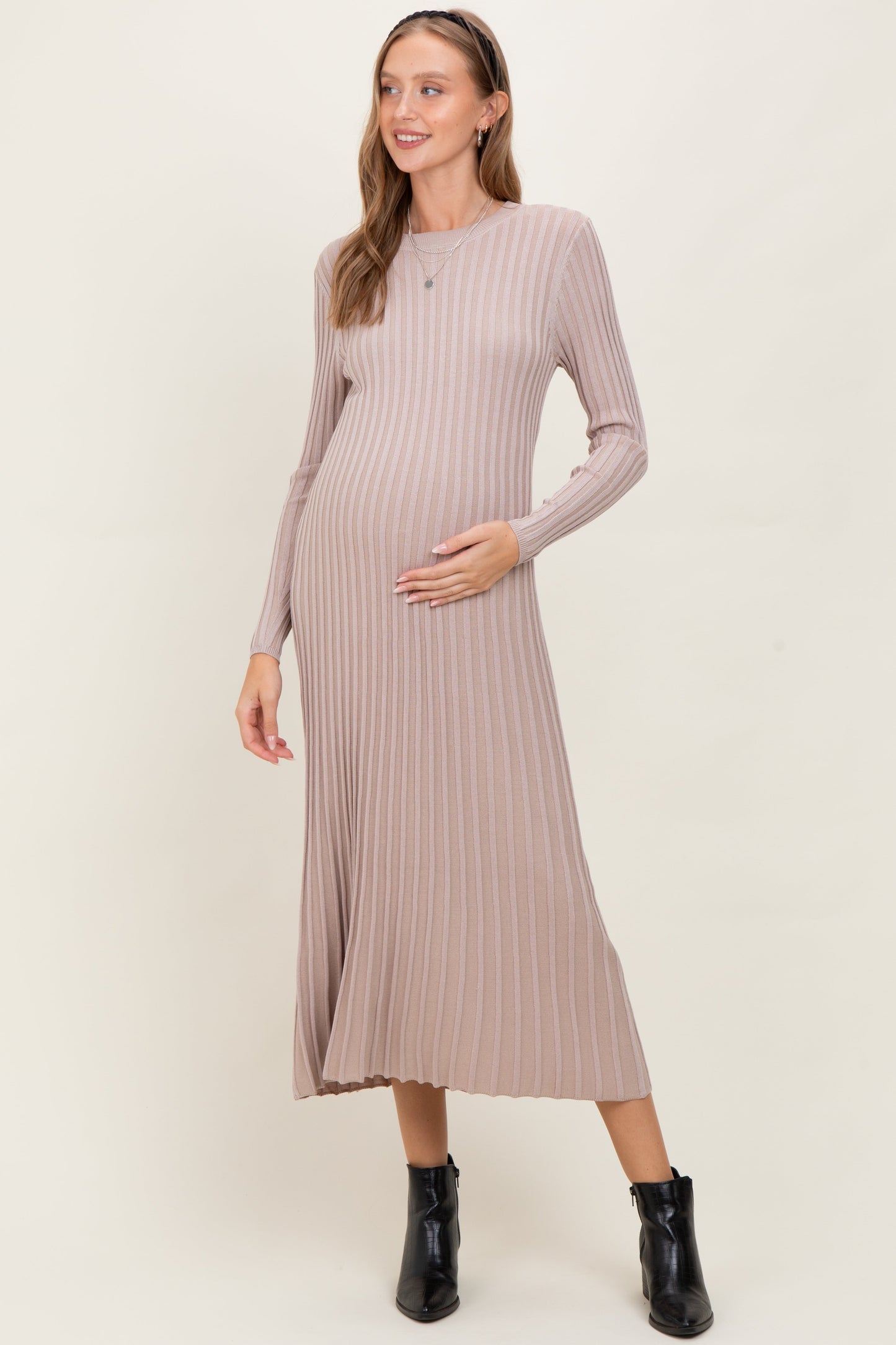 Beige Ribbed Long Sleeve Maternity Sweater Midi Dress