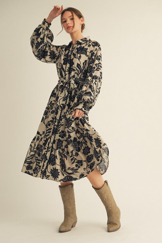 Beige Floral Button Down Bubble Sleeve Maternity Shirt Dress