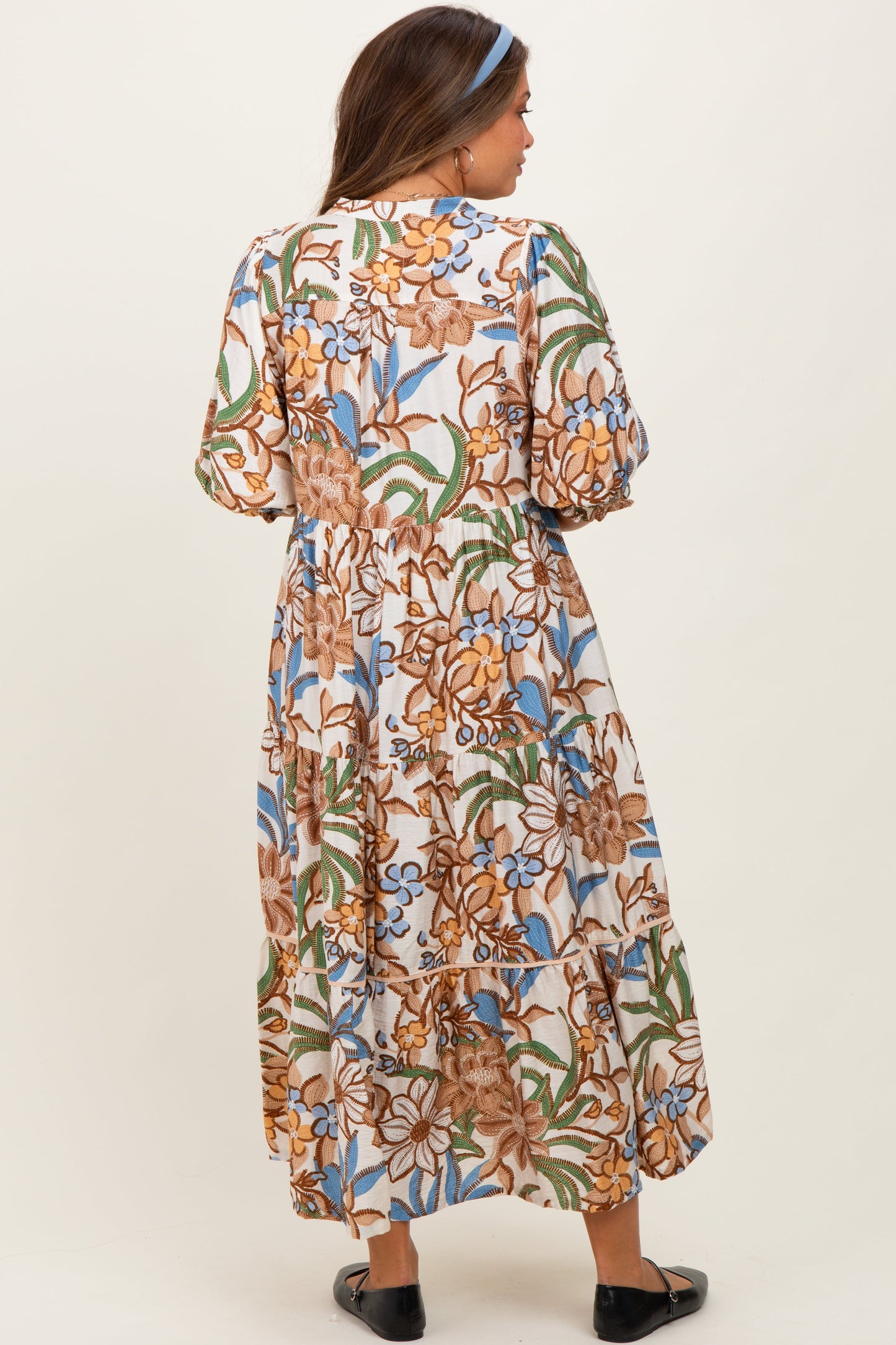 Beige Floral Tiered Short Sleeve Maternity Midi Dress