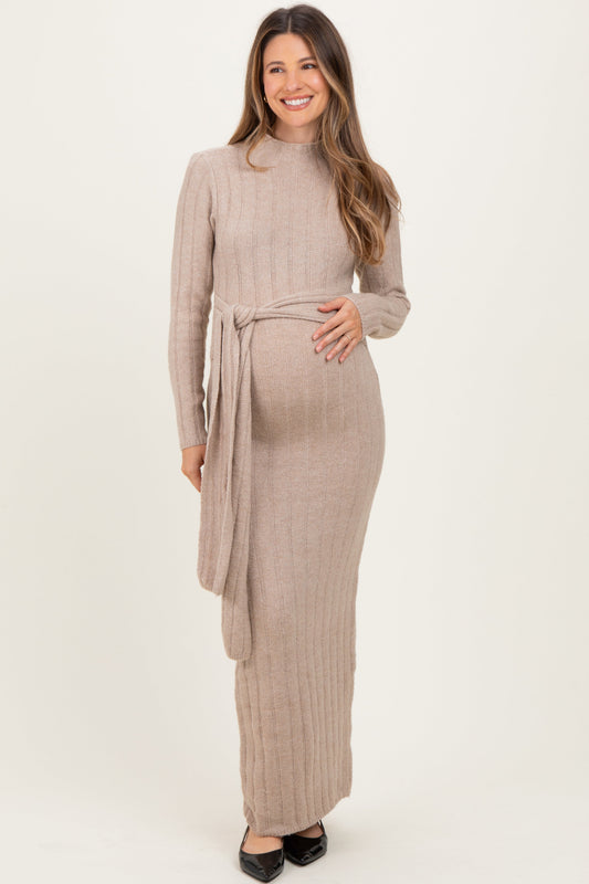 Beige Ribbed Front Tie Maternity Maxi Sweater Dress