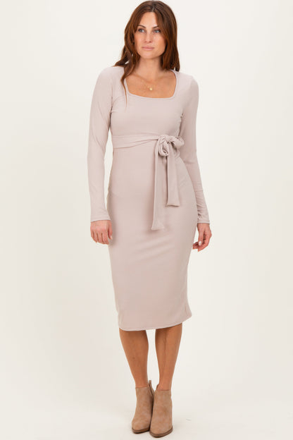 Beige Ribbed Long Sleeve Square Neck Tie Belt Maternity Midi Dress