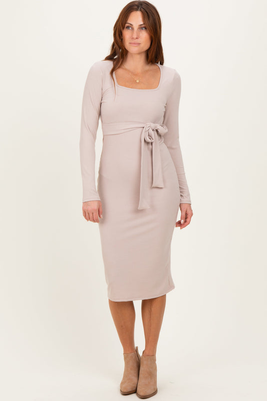 Beige Ribbed Long Sleeve Square Neck Tie Belt Midi Dress