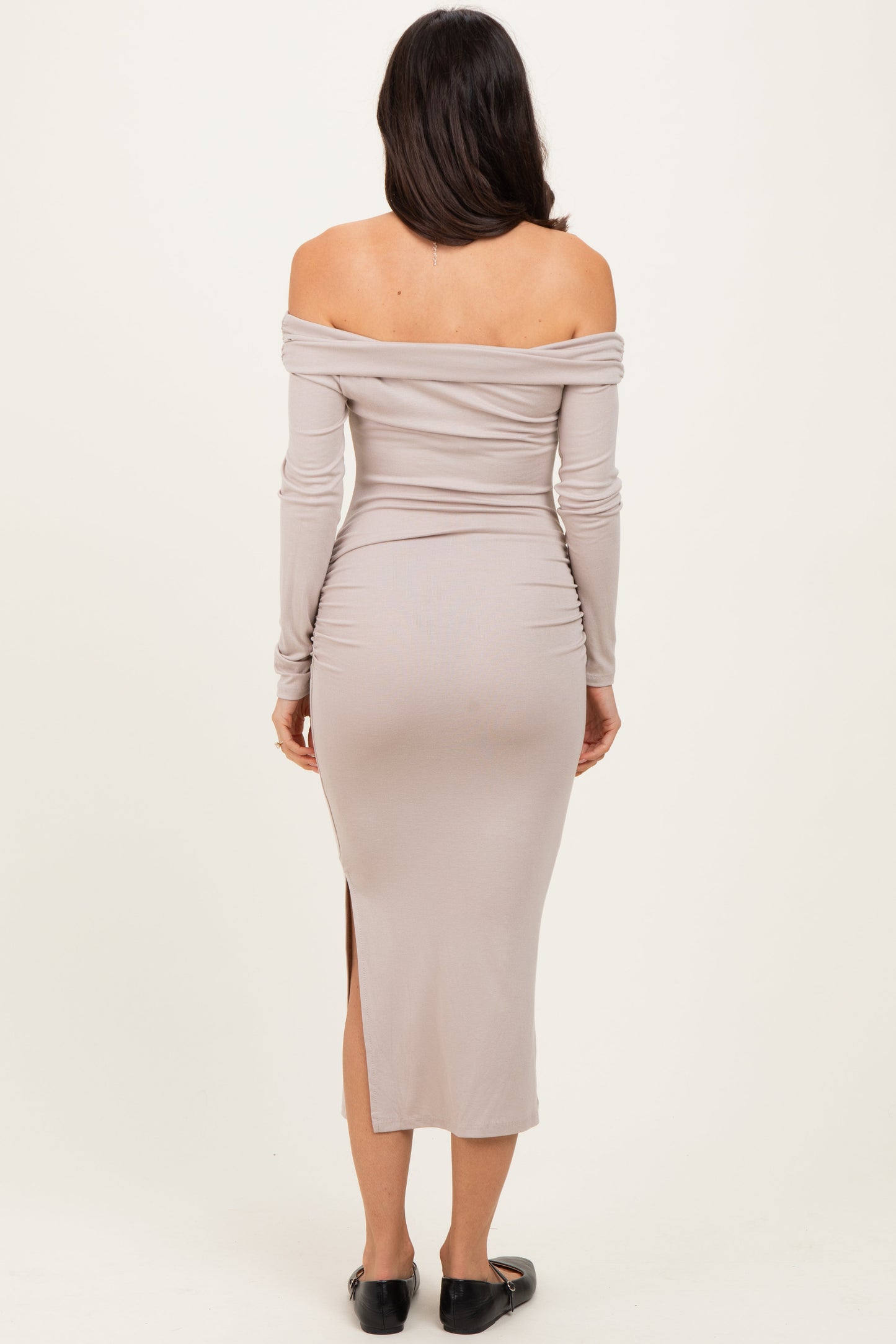 Beige Off Shoulder Ruched Side Slit Midi Dress