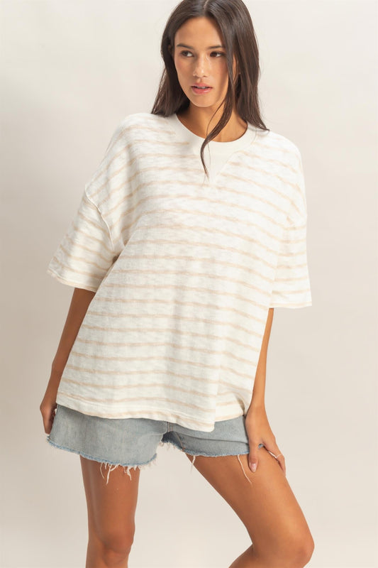 Beige Oversized Striped Short Sleeve Top