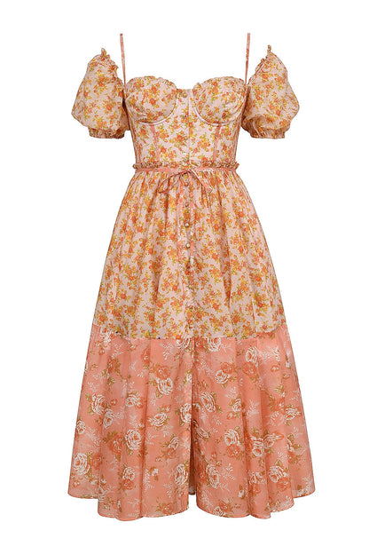 peach poppy print puff sleeve midi sundress
