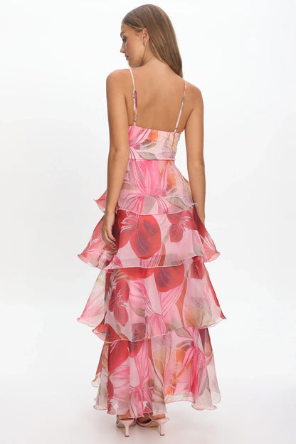 Varenna Layered Sweetheart Neckline Maxi Dress Print Red