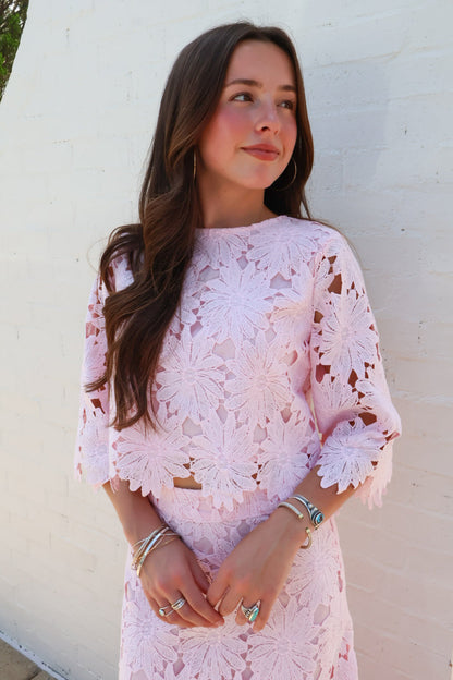 Blush Pink Floral Crochet Lace Crop Top and Maxi Skirt Set