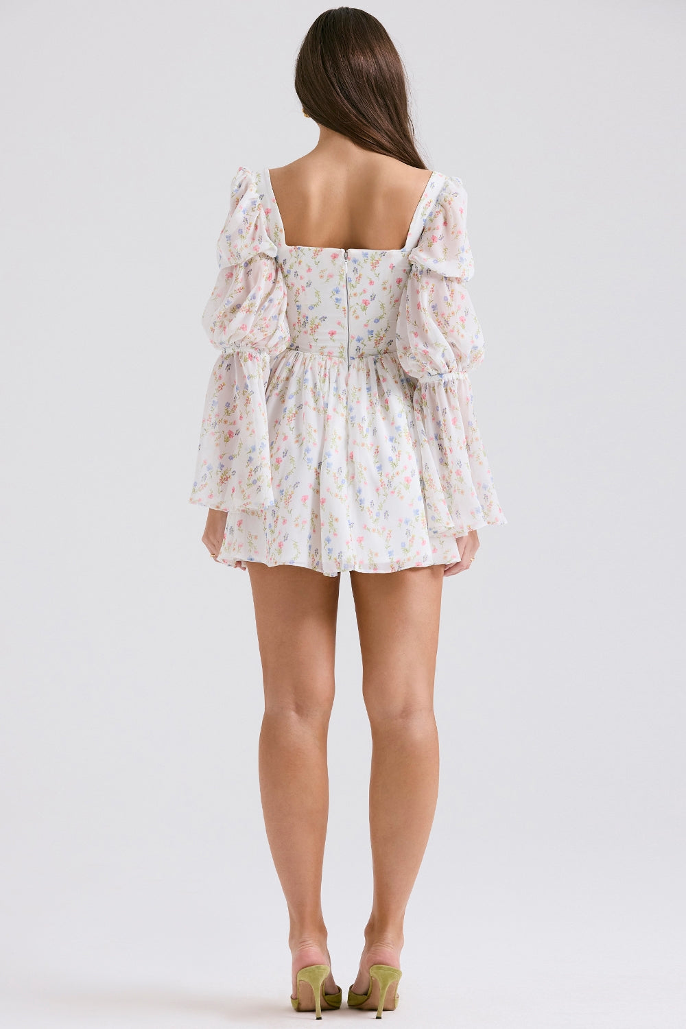 white posy print puff sleeve mini dress