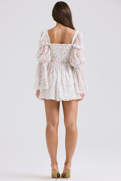 white posy print puff sleeve mini dress