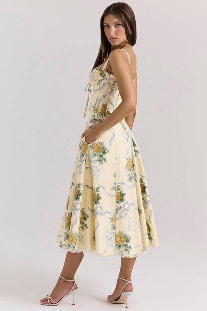 lemon vintage ribbon print cotton midi dress