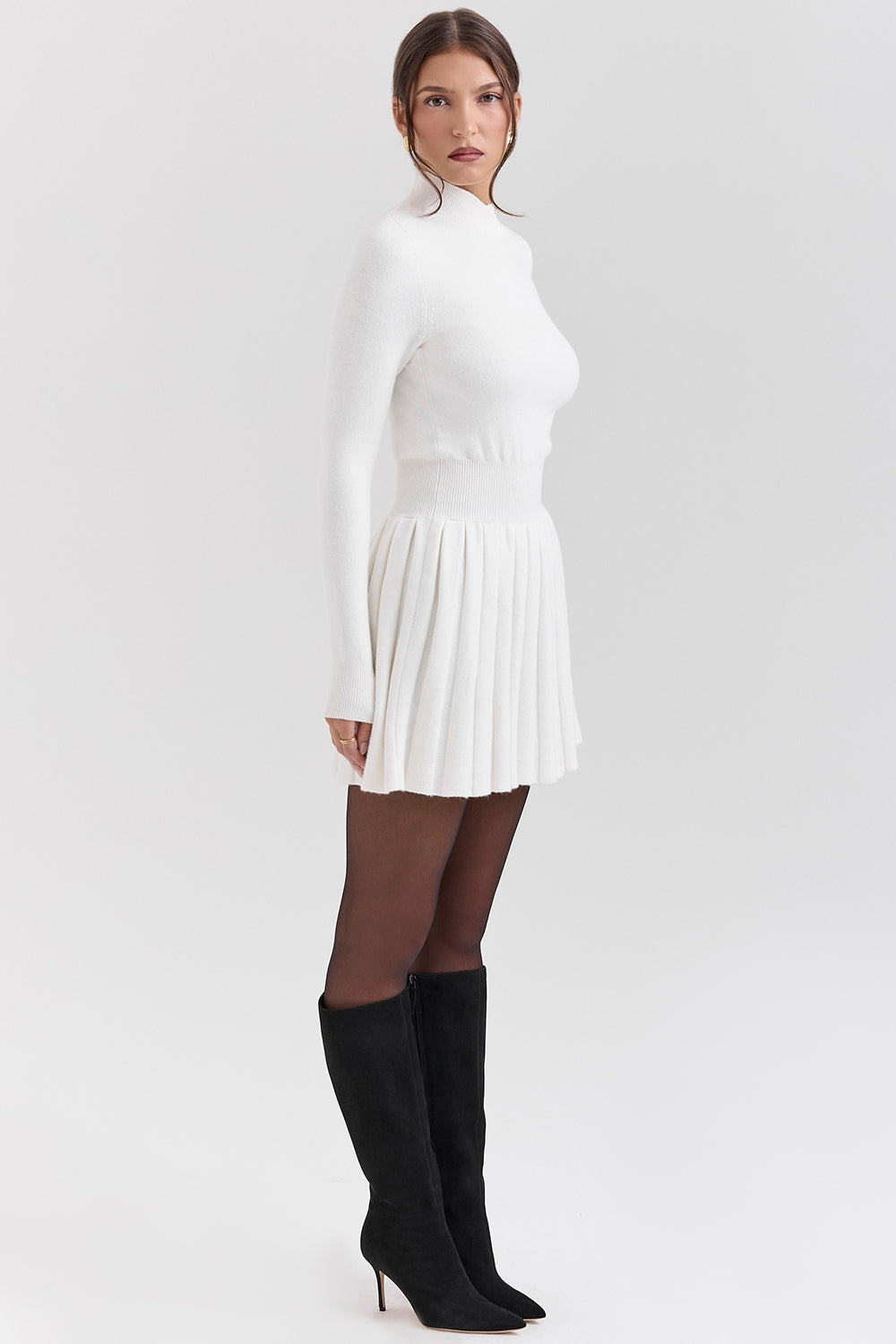 white cashmere blend pleated skated mini dress