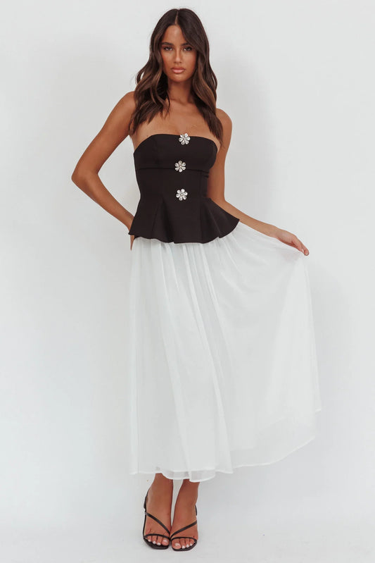 Rebel Peplum Bodice Midi Dress Black