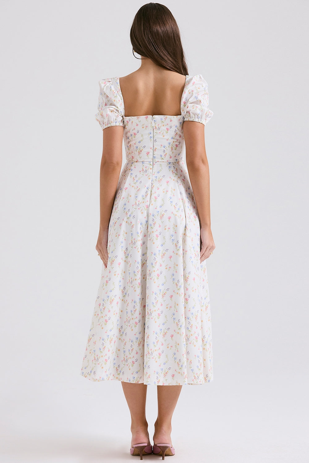 white posy print cotton puff sleeve midi sundress