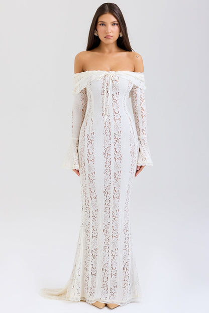 vintage cream floral lace off shoulder maxi dress