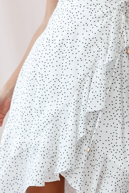 Blessed Wrap Ruffle Hem Midi Dress Dot Print White