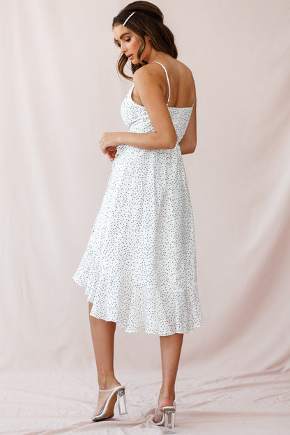 Blessed Wrap Ruffle Hem Midi Dress Dot Print White