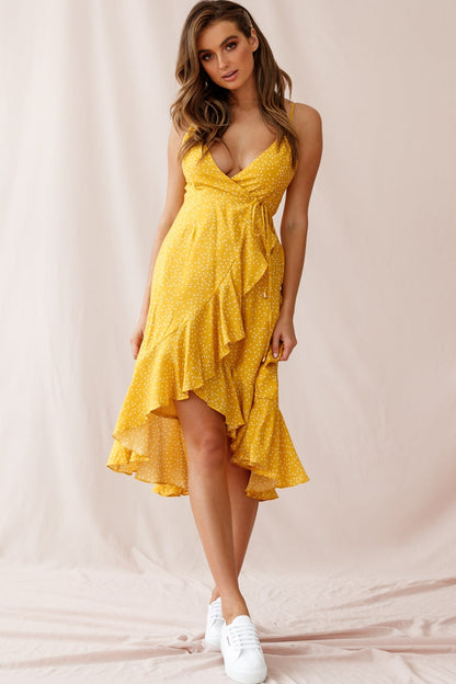 Blessed Wrap Ruffle Hem Midi Dress Dot Print Mustard
