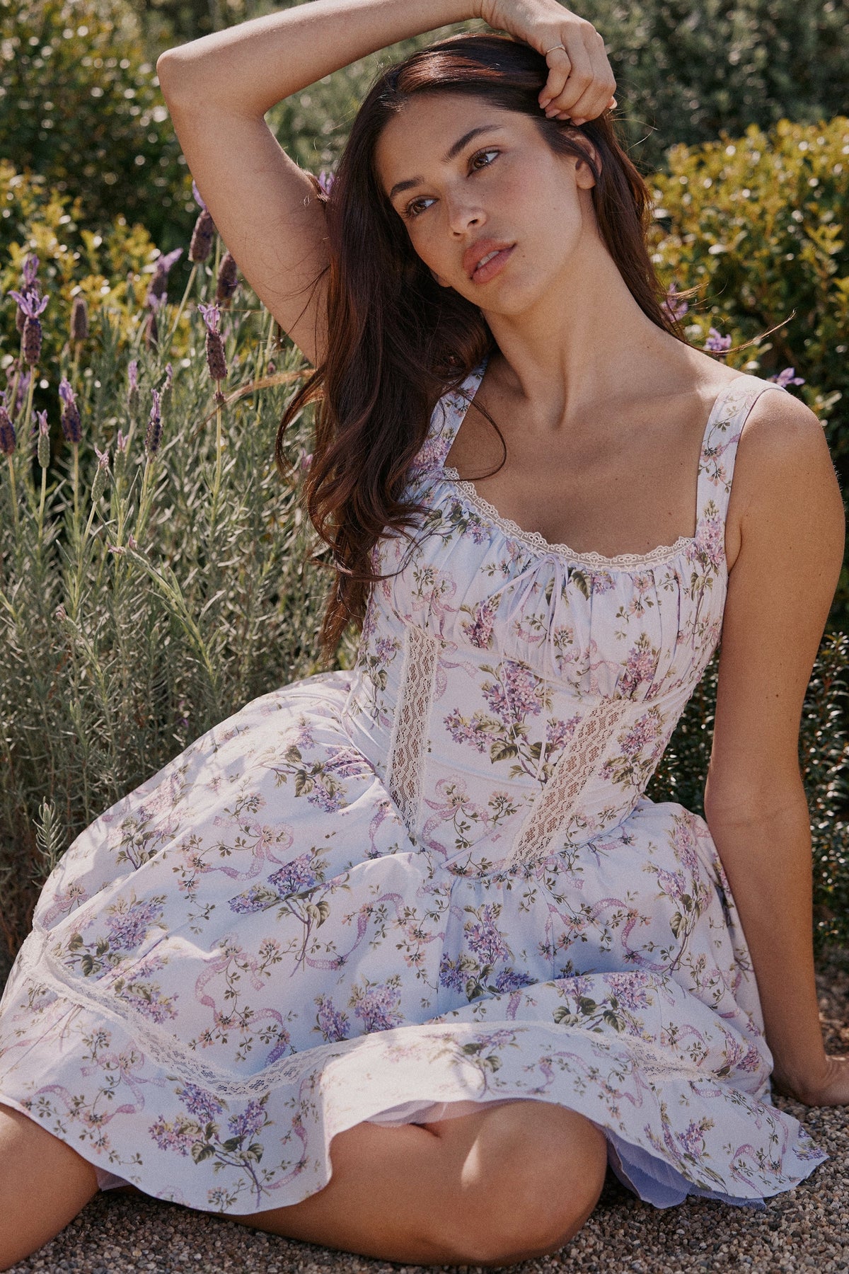 lilac ribbon print cotton mini dress