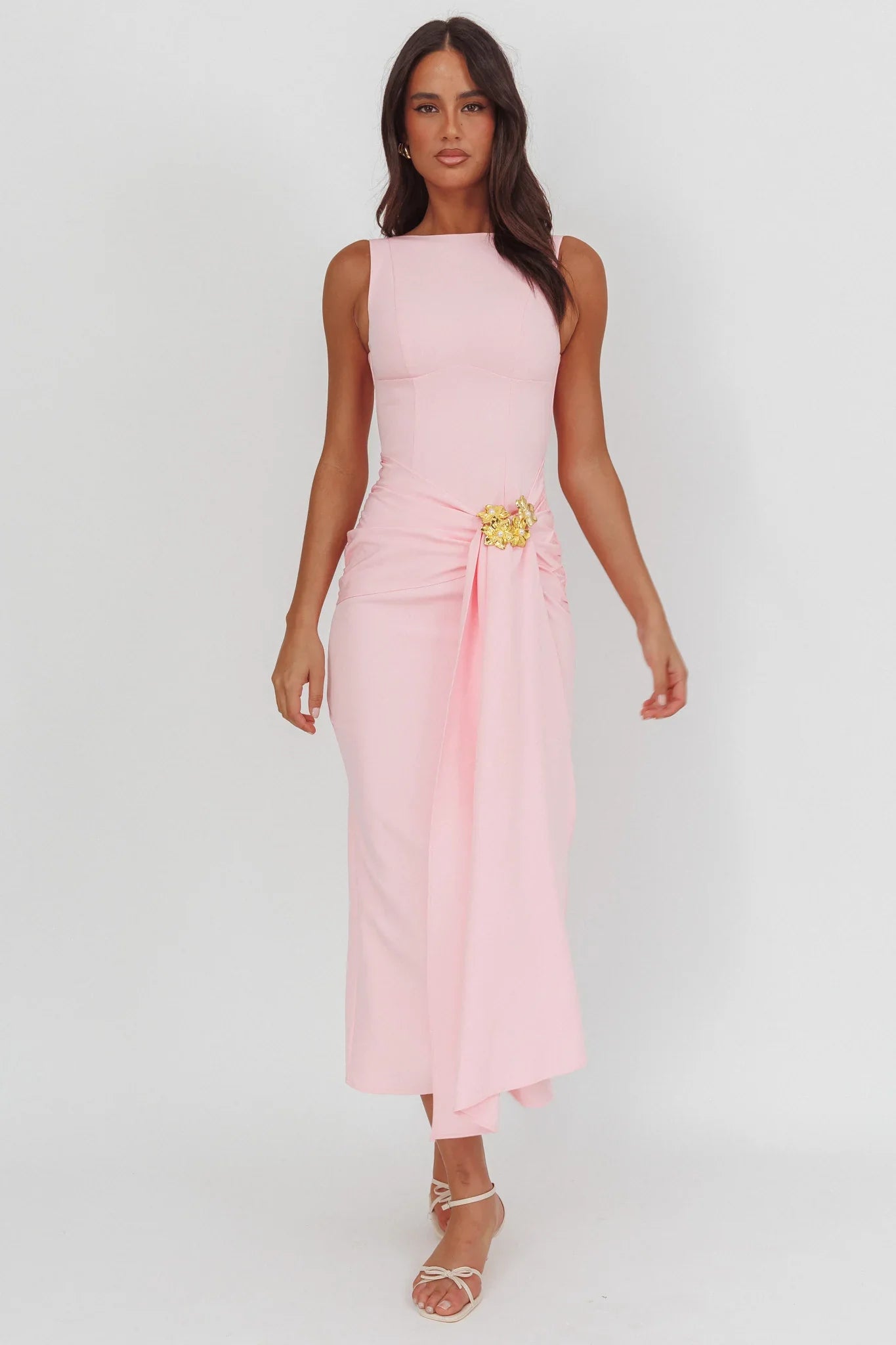 Zimora Gold Buckle Waist Drape Maxi Dress Pink