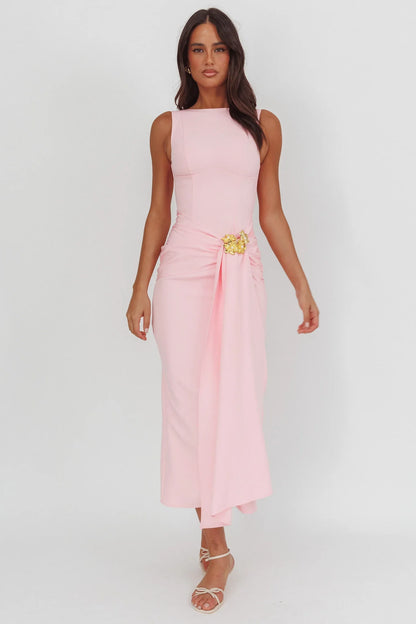 Zimora Gold Buckle Waist Drape Maxi Dress Pink