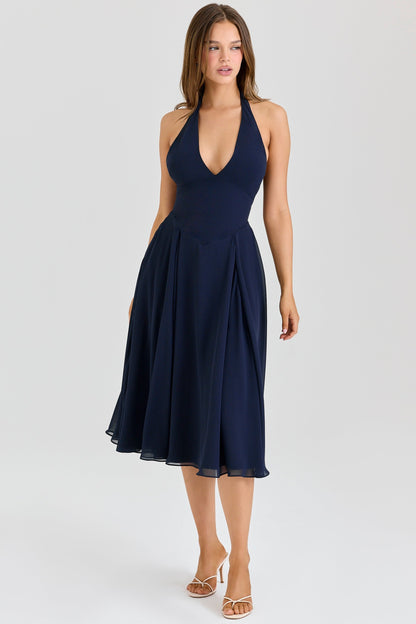 navy georgette halter midi dress