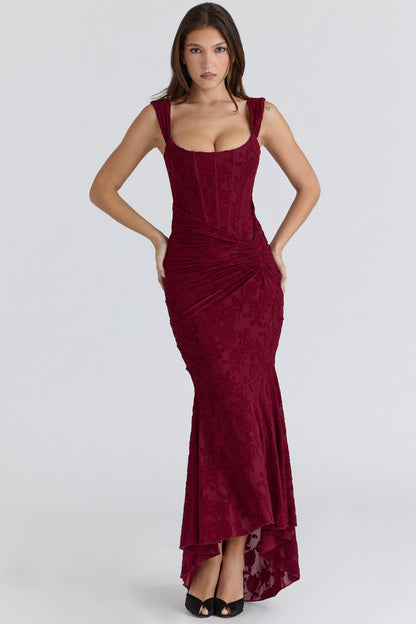 wine floral lace corset maxi dress