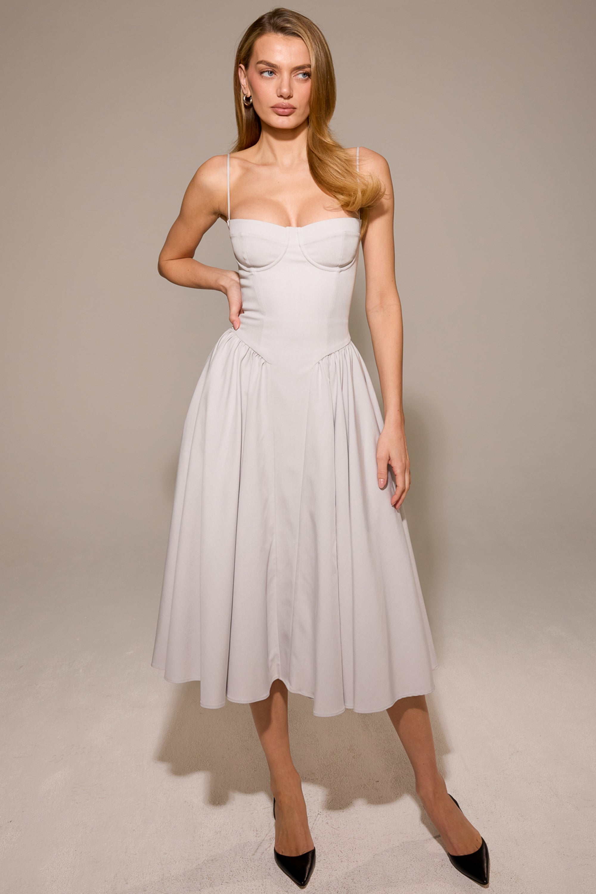 dove grey corset midi dress