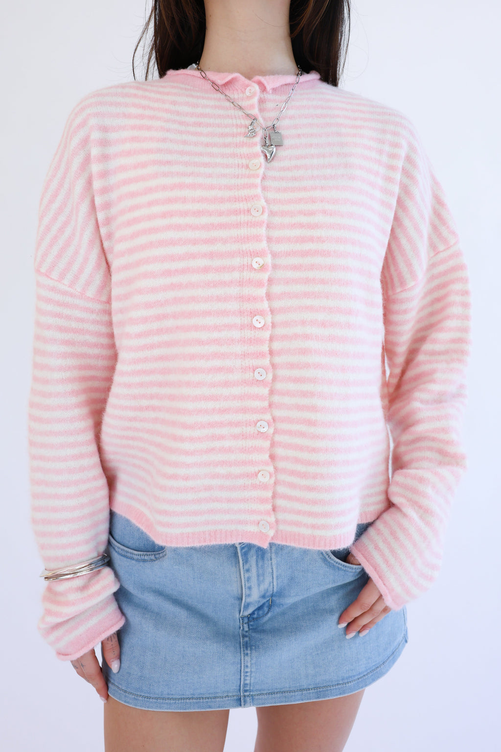 Phoebe Cardigan in Pink/White Stripe