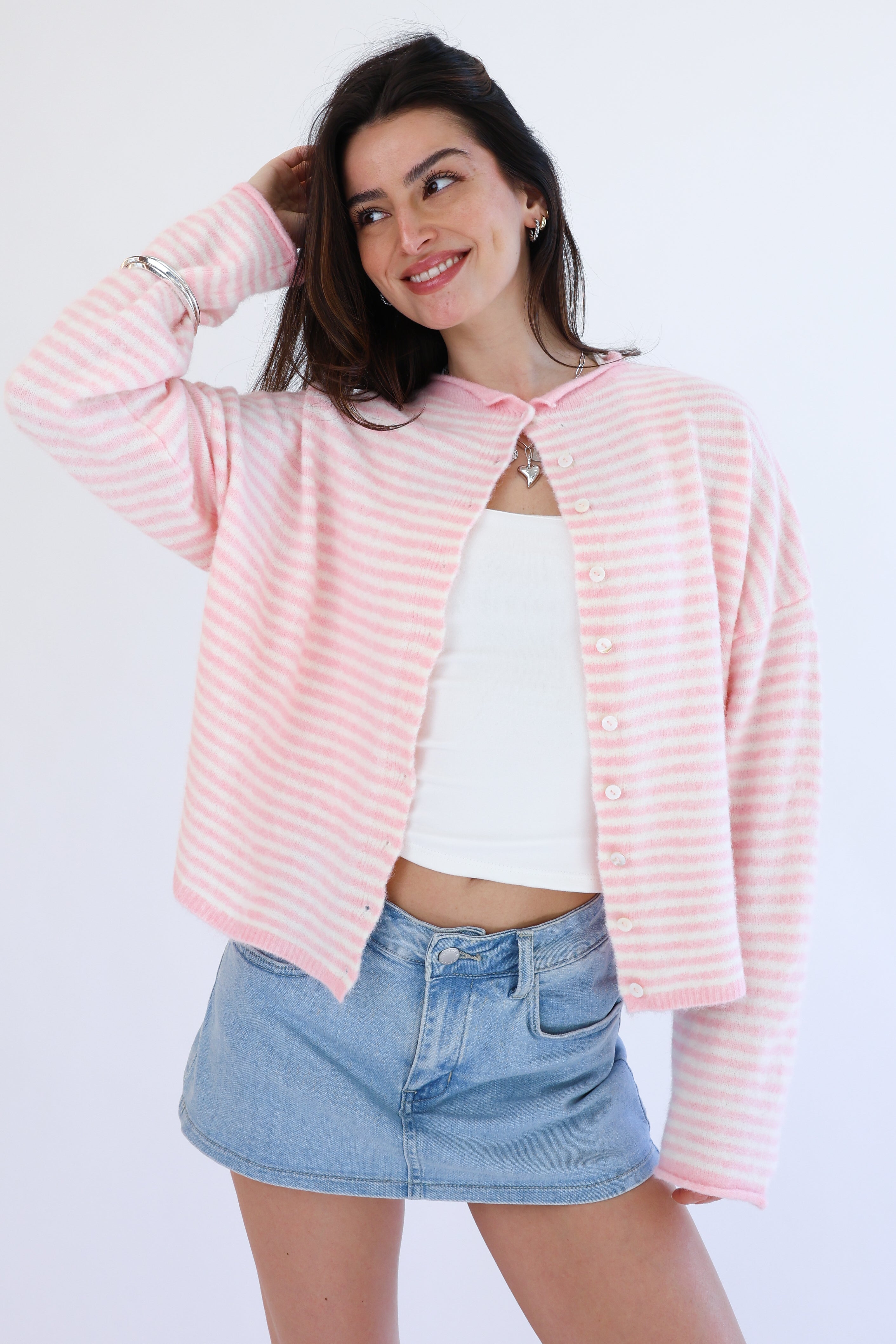 Phoebe Cardigan in Pink/White Stripe
