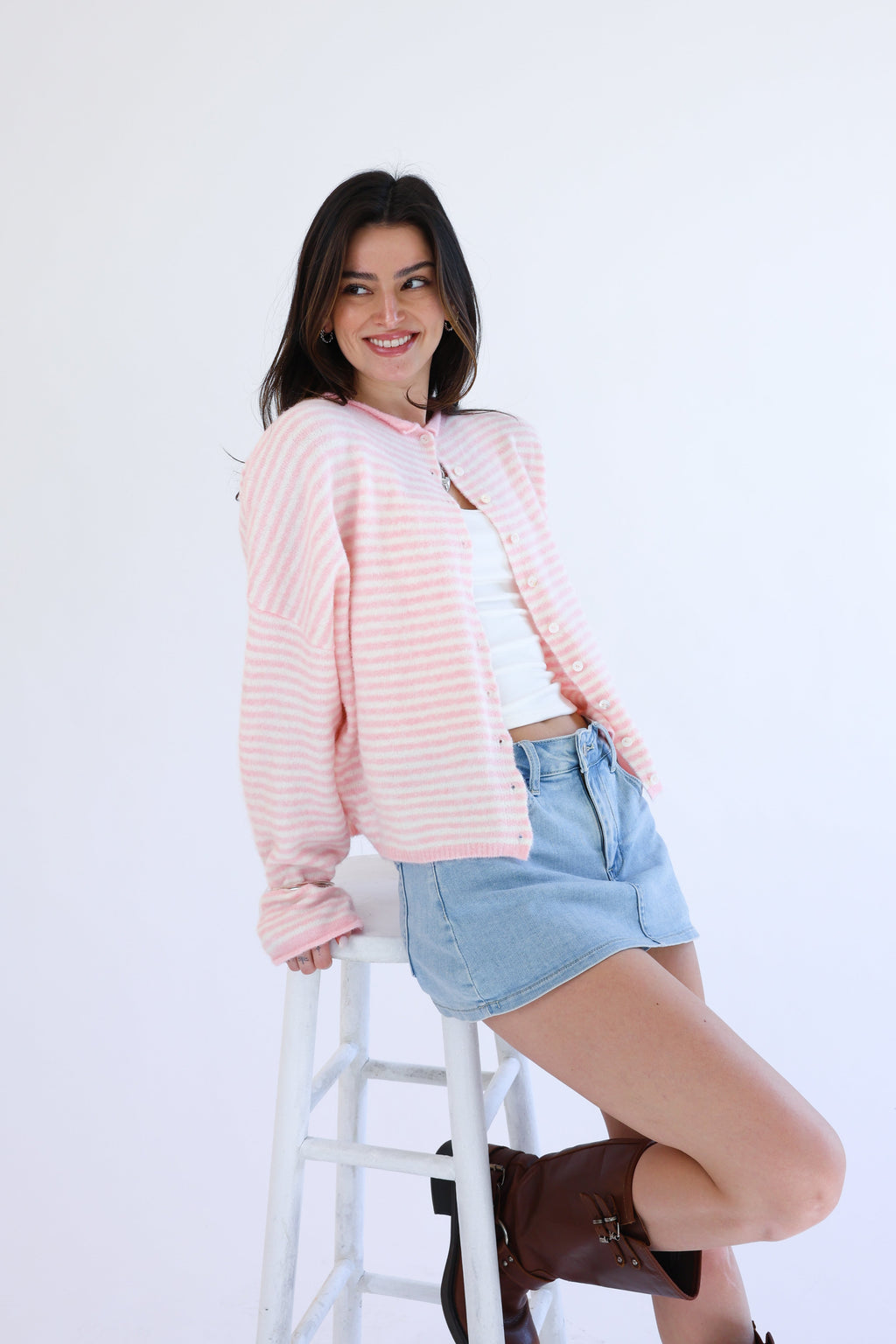 Phoebe Cardigan in Pink/White Stripe