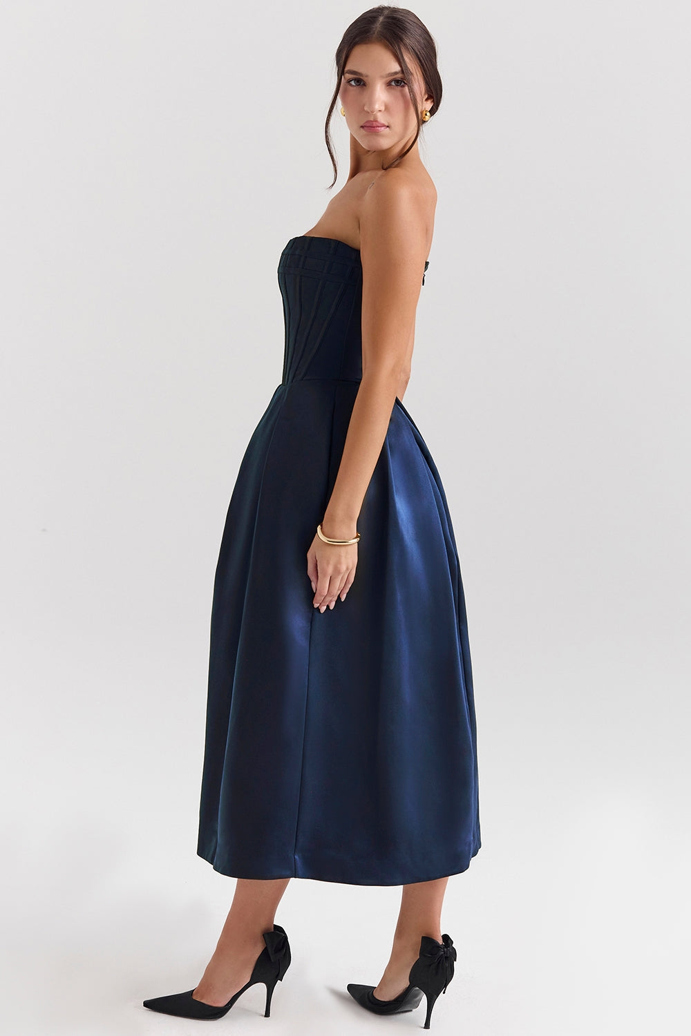 midnight blue strapless detachable bow midi dress