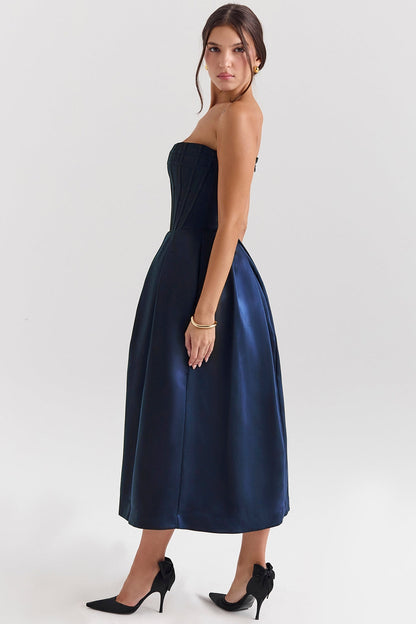 midnight blue strapless detachable bow midi dress