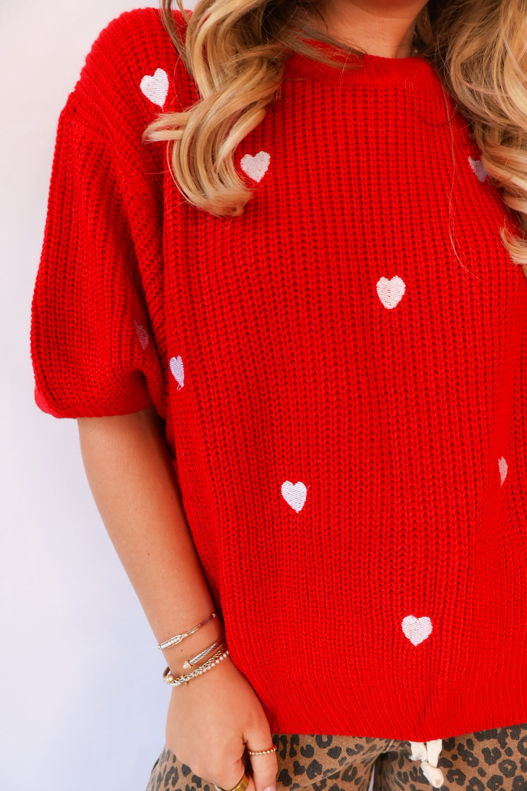 Embroidered Heart Knit Sweater Top - Red