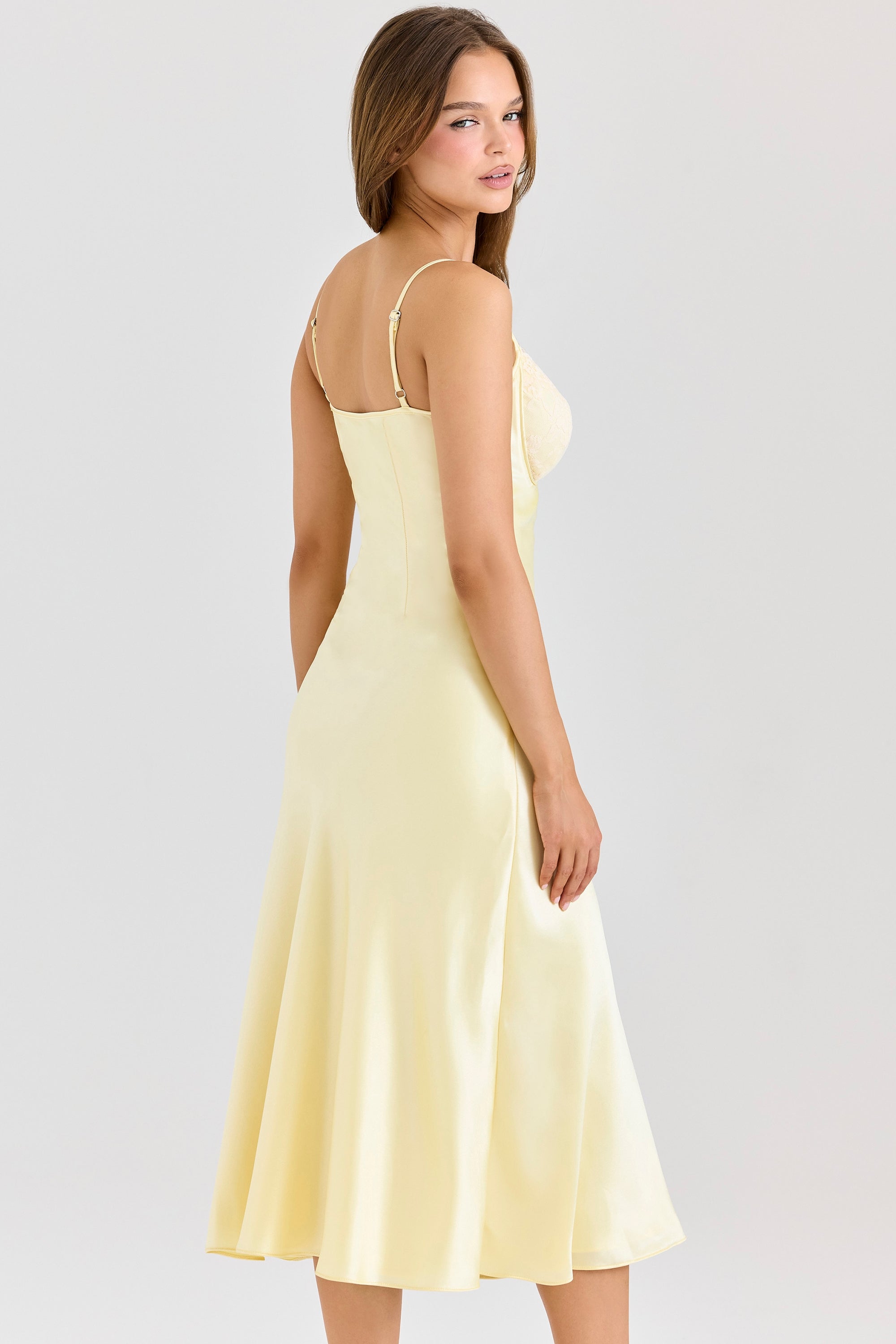 butter yellow satin bias cut midi dress