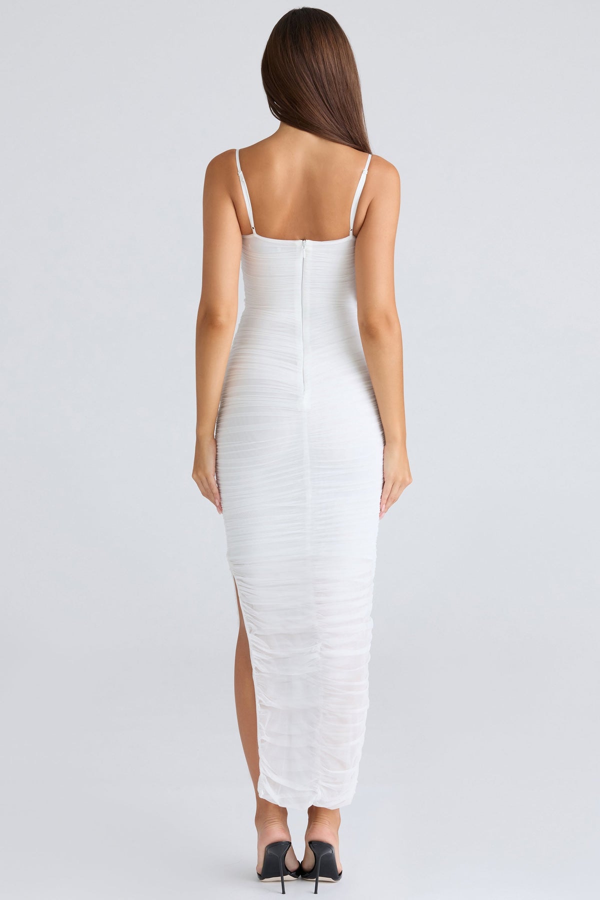 white gathered stretch mesh maxi dress