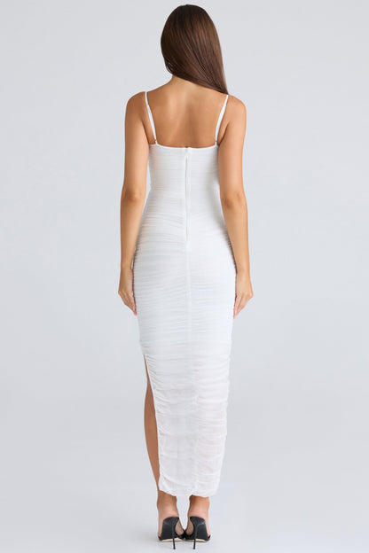 white gathered stretch mesh maxi dress