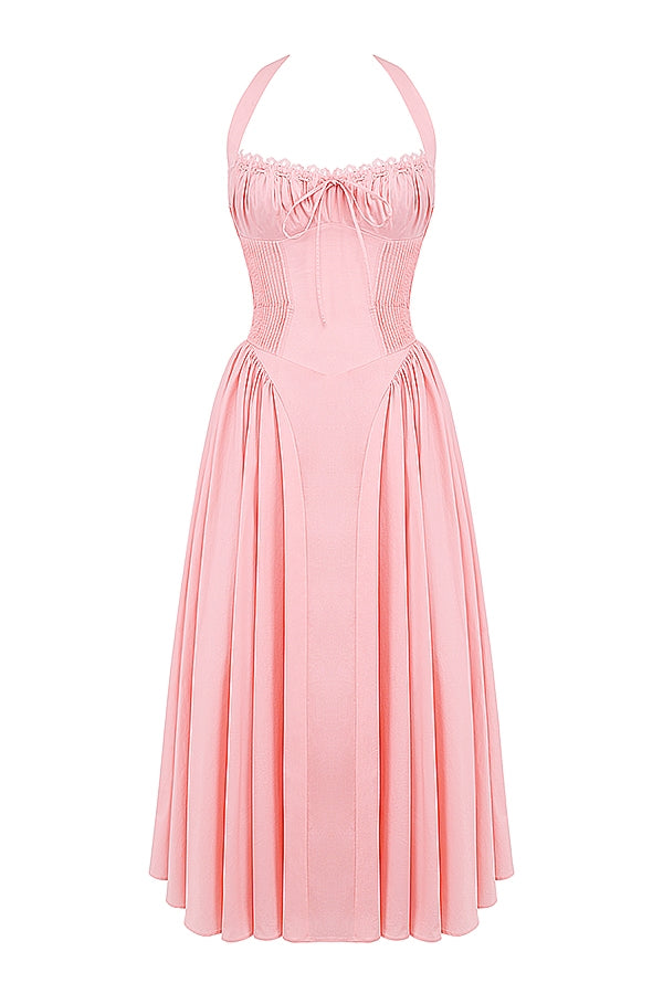 rose pink cotton halter midi sundress