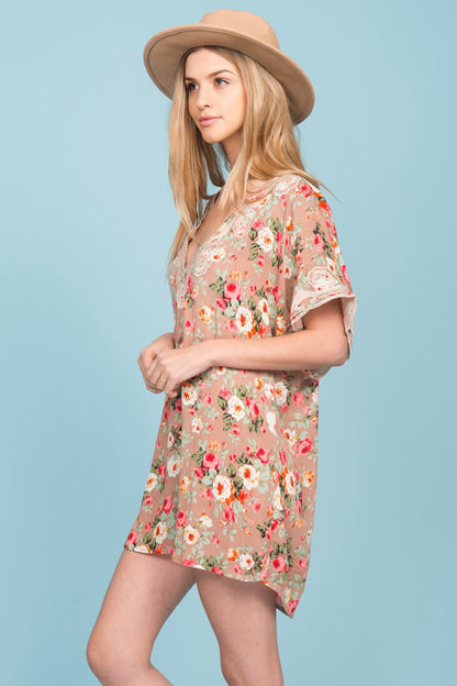 Brynn Floral Embroidered Tunic Dress Mocha
